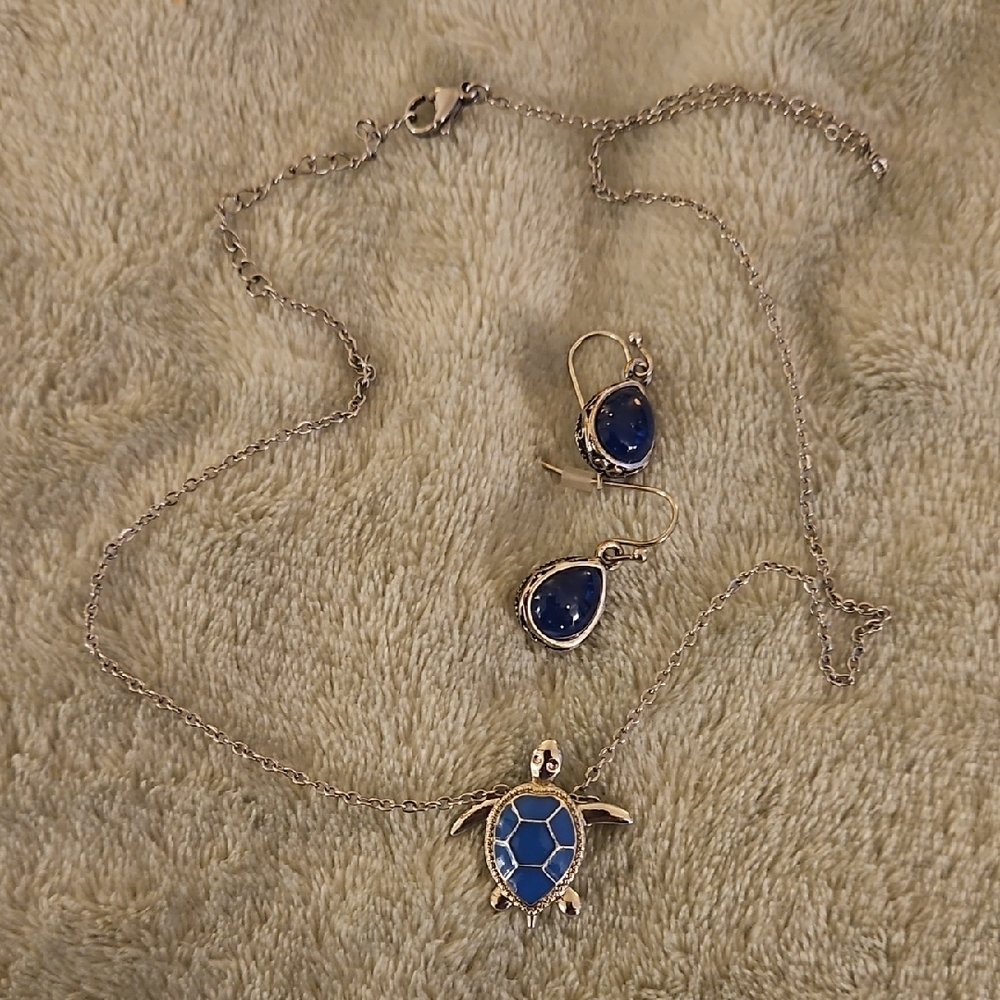 LOW $4.99 SHIPPING Blue and Silver Turtle Pendant Necklace and Earring Set